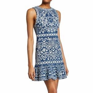 Alice + Olivia Rapunzel Mini Dress Embroidered Blue Denim Floral Dot Chambray 0